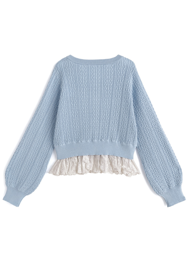 ビジューリボンレースドッキングケーブル編みニットトップス