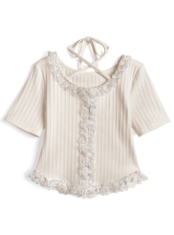 ホルターネックレースフリルリブトップス