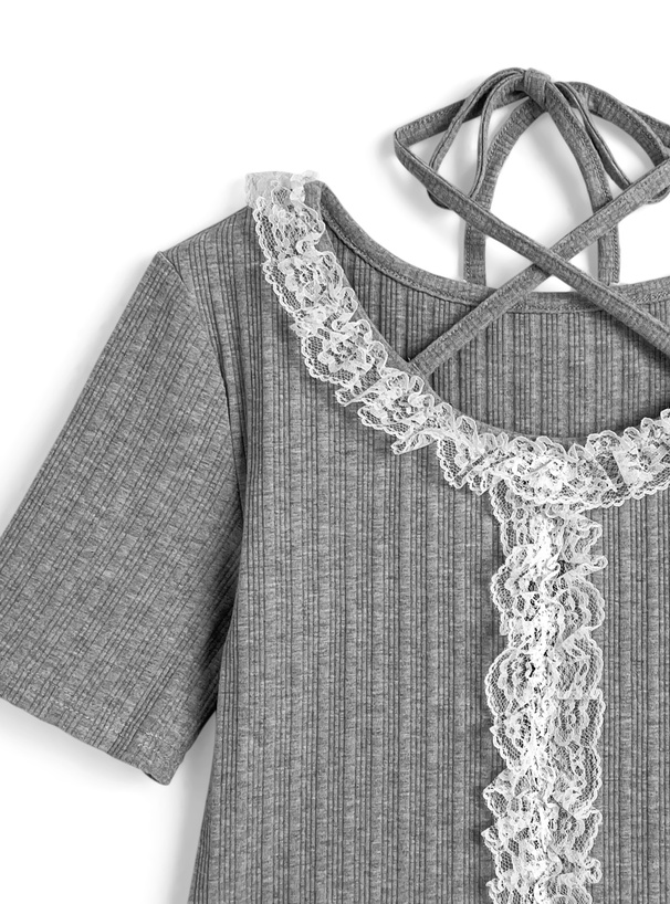 ホルターネックレースフリルリブトップス