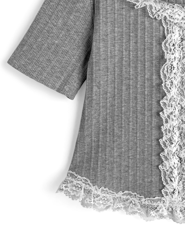 ホルターネックレースフリルリブトップス