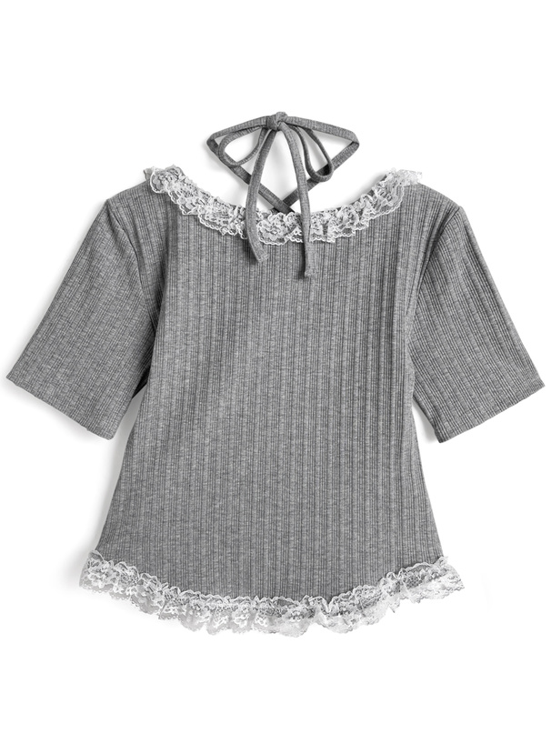 ホルターネックレースフリルリブトップス