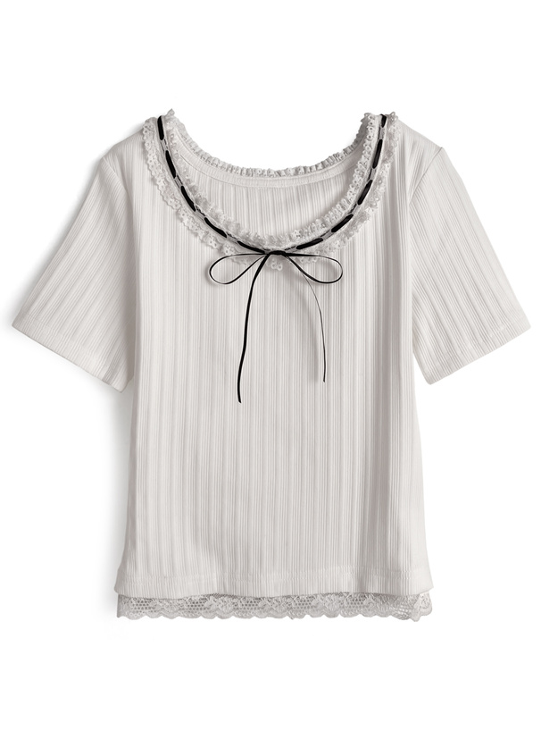 レースリボンリブトップス
