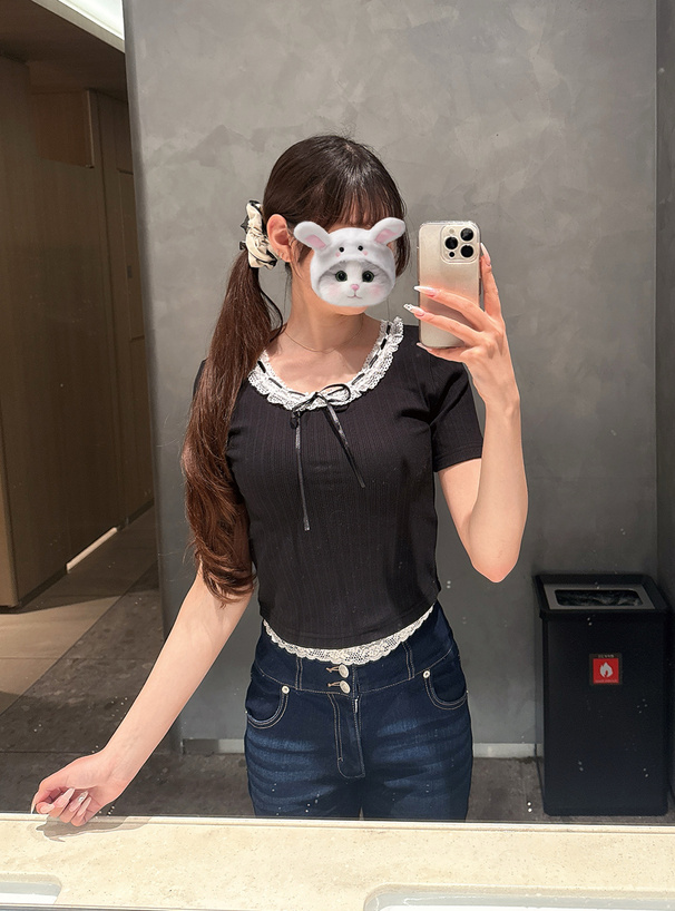 レースリボンリブトップス