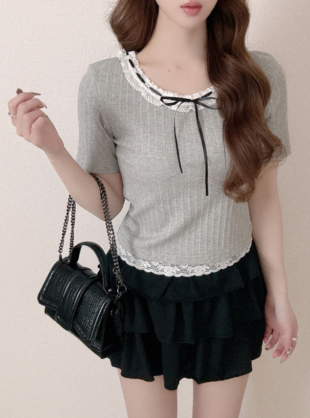 レースリボンリブトップス