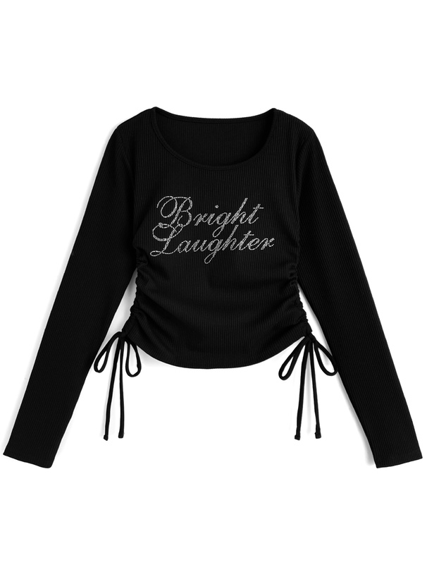 ラインストーンロゴサイドドロストリブトップス[fu343]