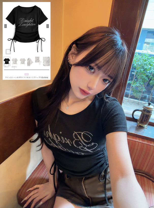 ラインストーンロゴサイドドロストリブトップス
