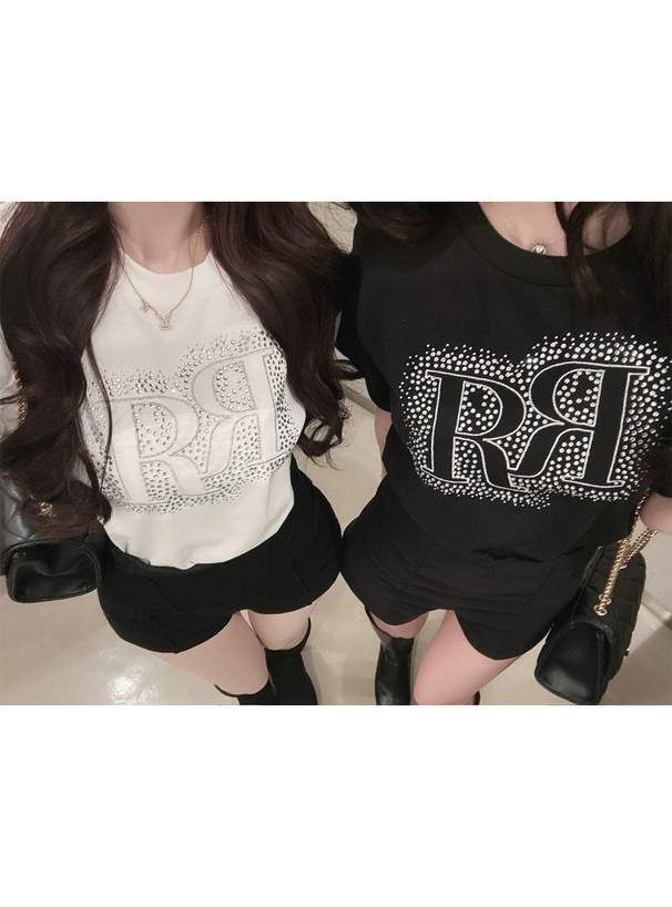 ラインストーンロゴ刺繍Tシャツ