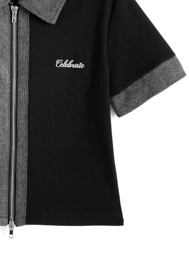 デニムドッキングダブルジップリブトップス