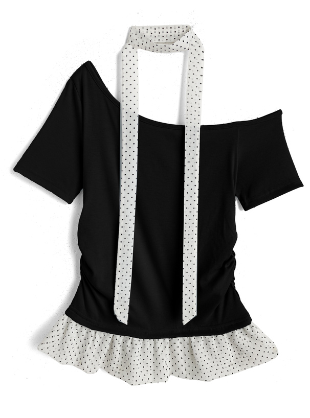 タイ付きドット柄フリルワンショルダートップス