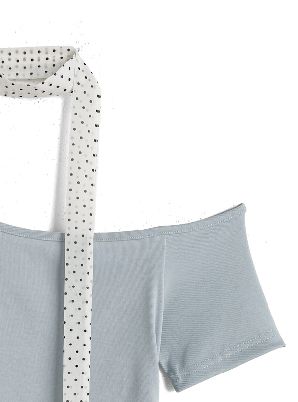 タイ付きドット柄フリルワンショルダートップス