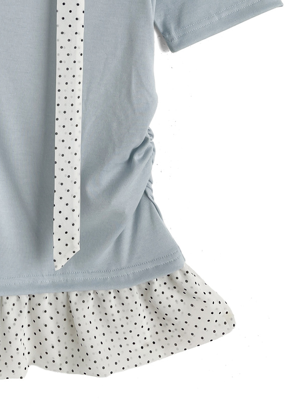 タイ付きドット柄フリルワンショルダートップス