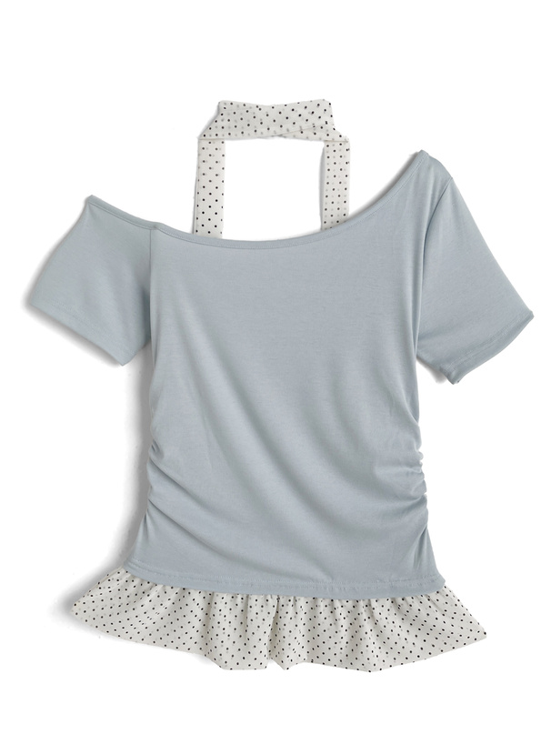 タイ付きドット柄フリルワンショルダートップス