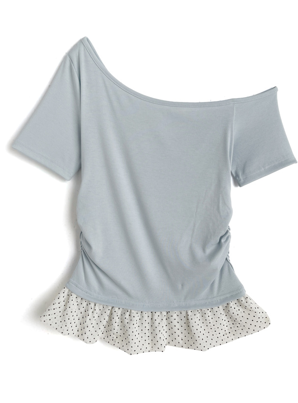 タイ付きドット柄フリルワンショルダートップス