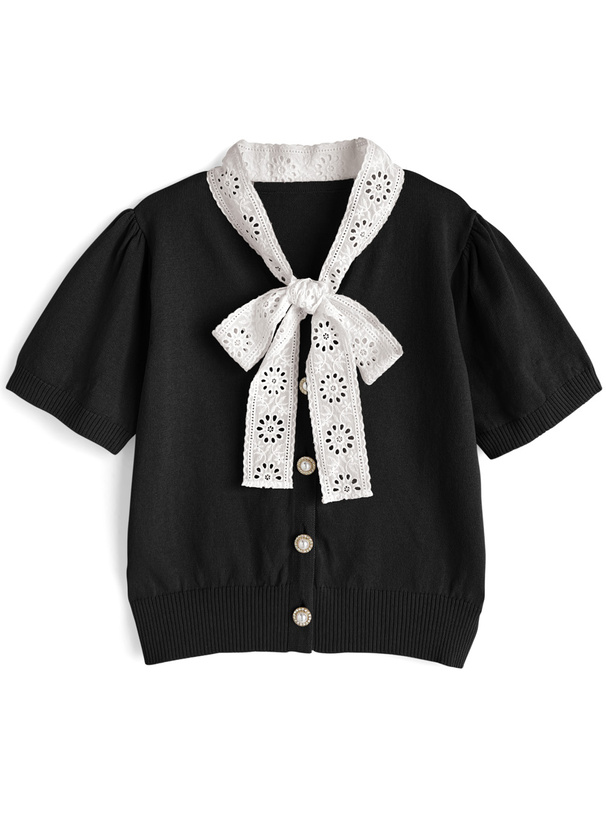 レースボウタイニットトップス