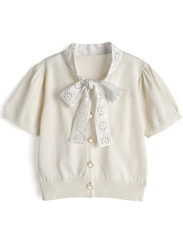 レースボウタイニットトップス