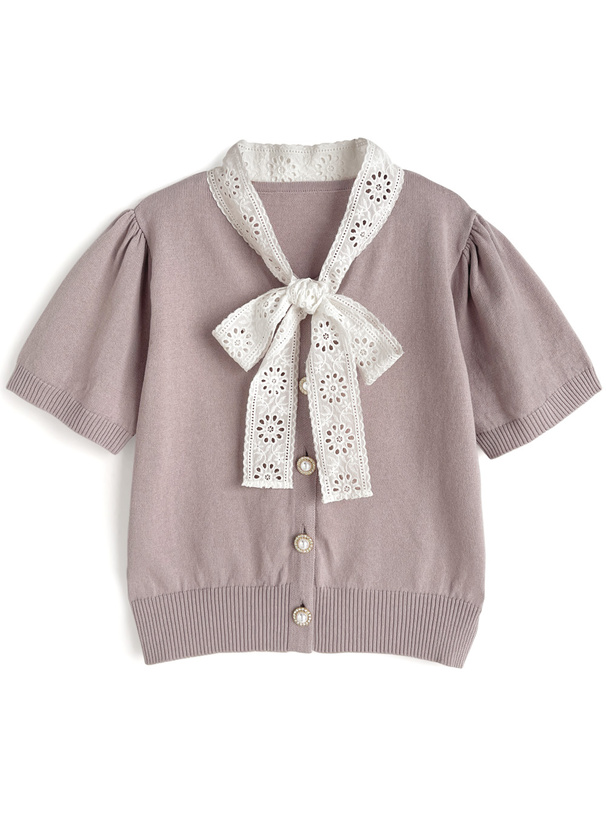 レースボウタイニットトップス