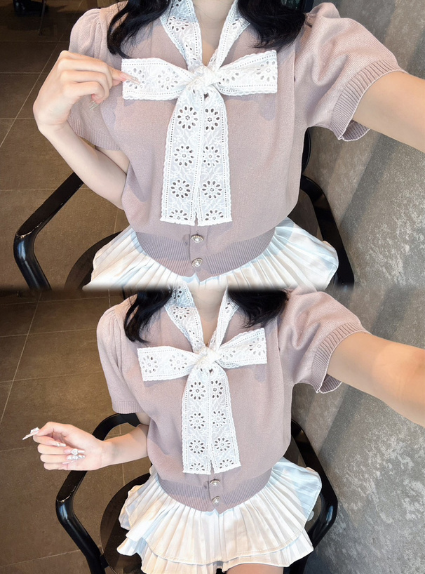 レースボウタイニットトップス