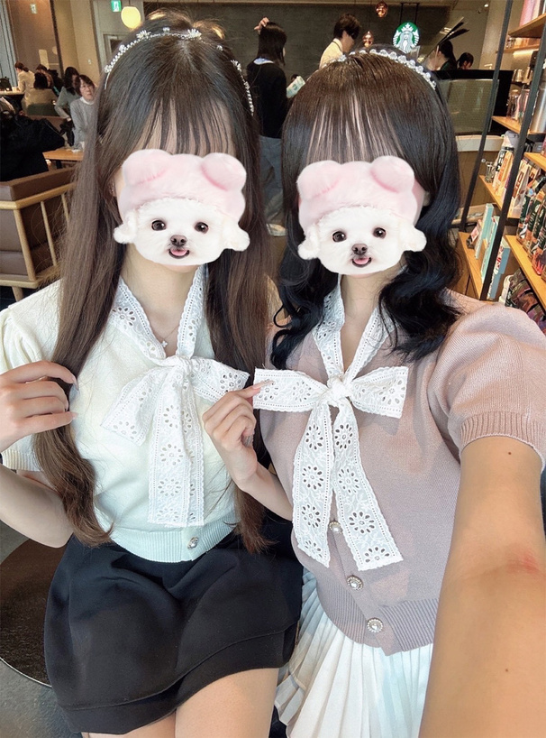 レースボウタイニットトップス