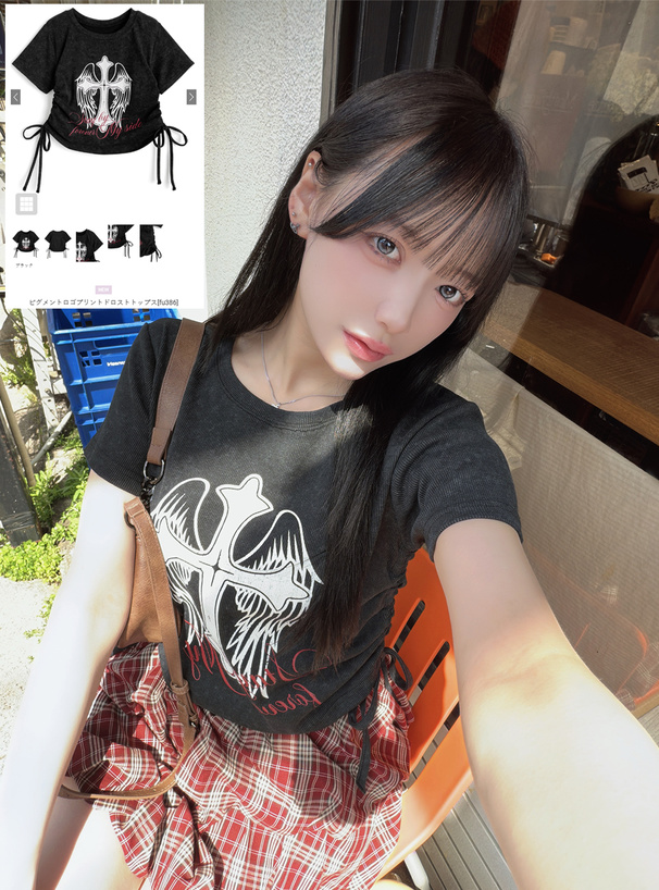 ピグメントロゴプリントドロストトップス