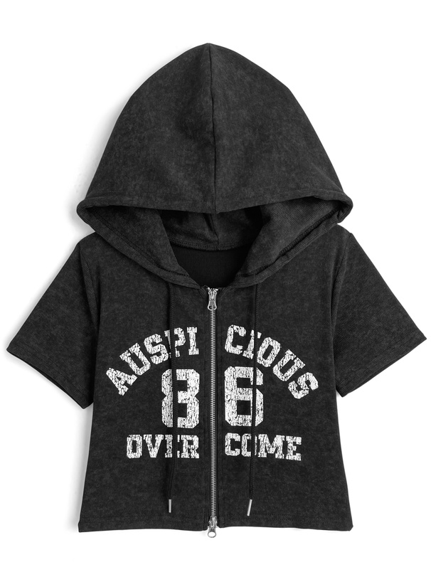 フード付きピグメントロゴプリントダブルジップトップス