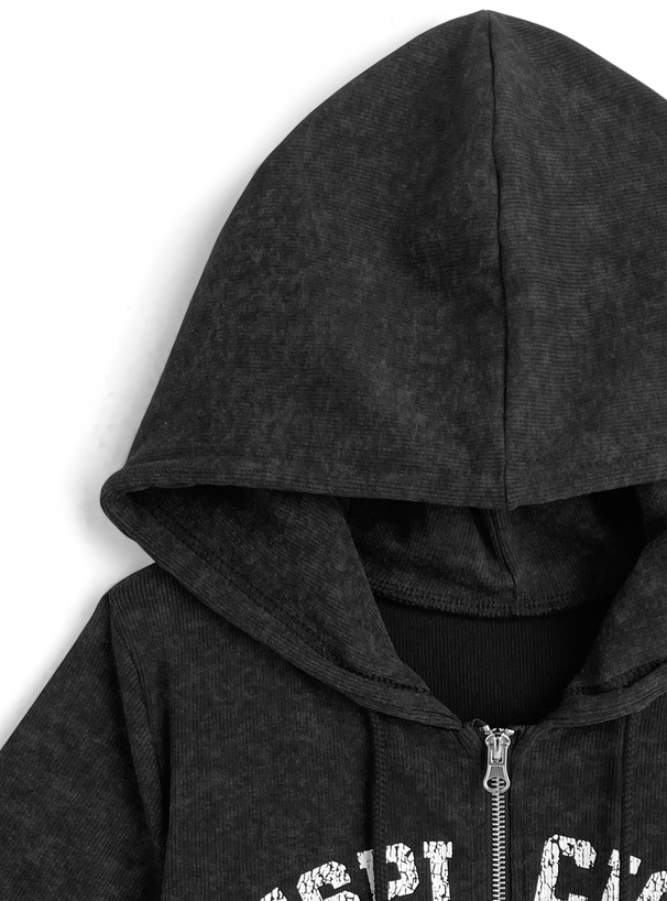 フード付きピグメントロゴプリントダブルジップトップス