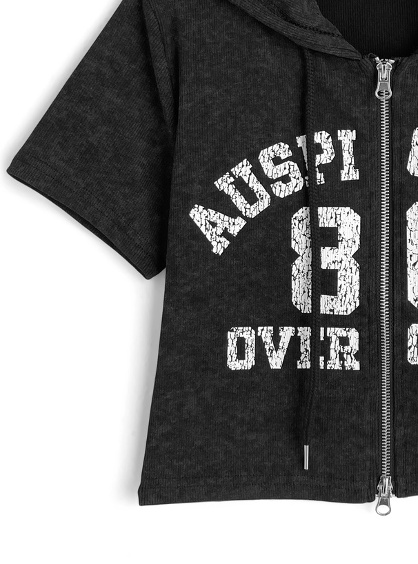 フード付きピグメントロゴプリントダブルジップトップス