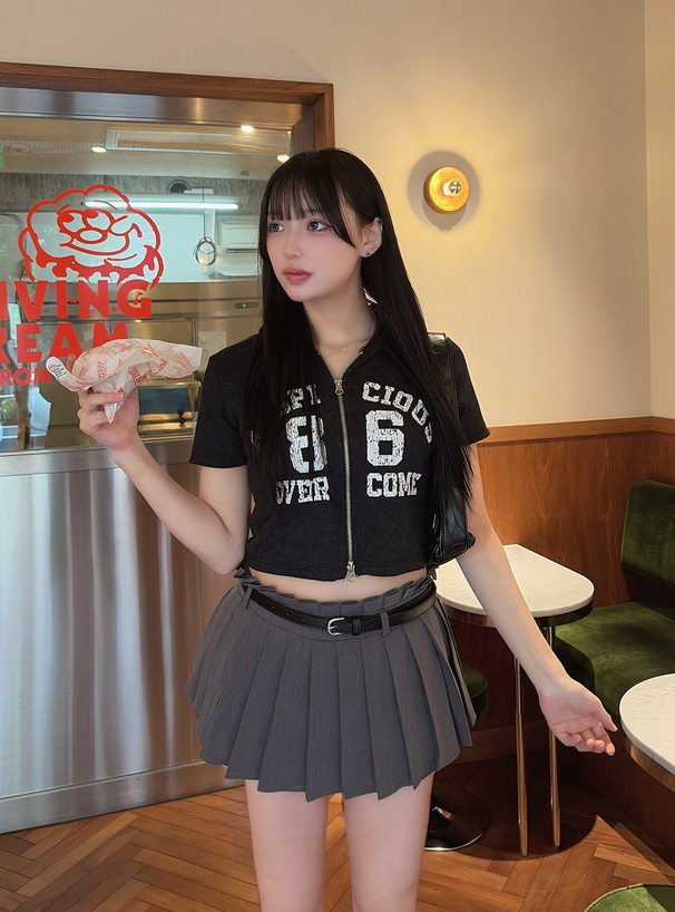 フード付きピグメントロゴプリントダブルジップトップス