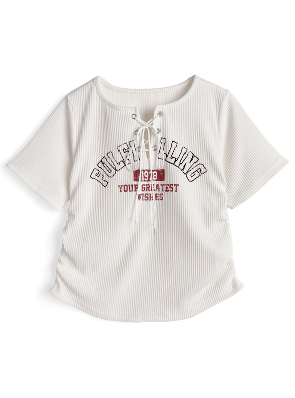 ロゴプリントレースアップリブトップス