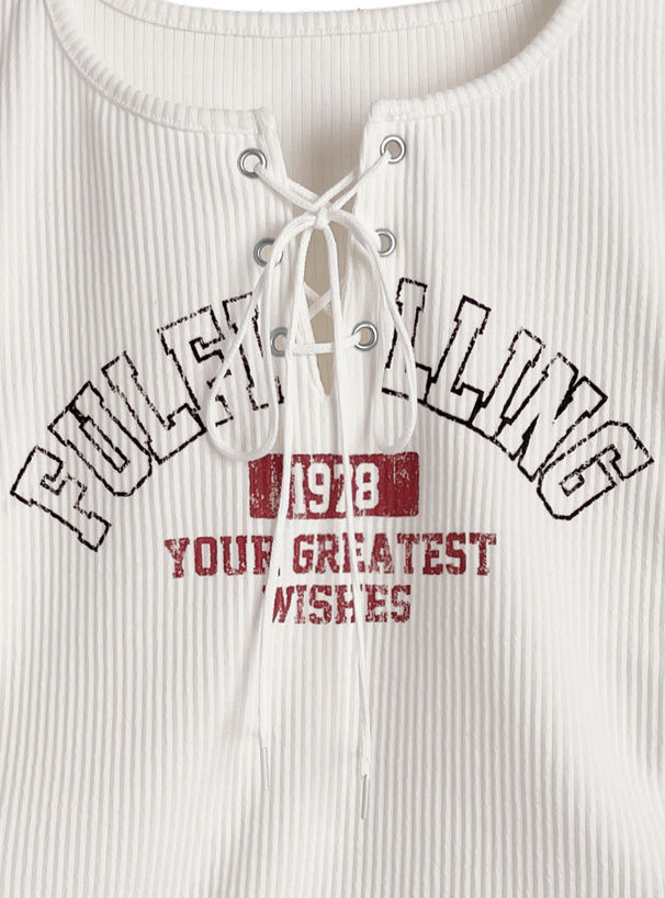 ロゴプリントレースアップリブトップス