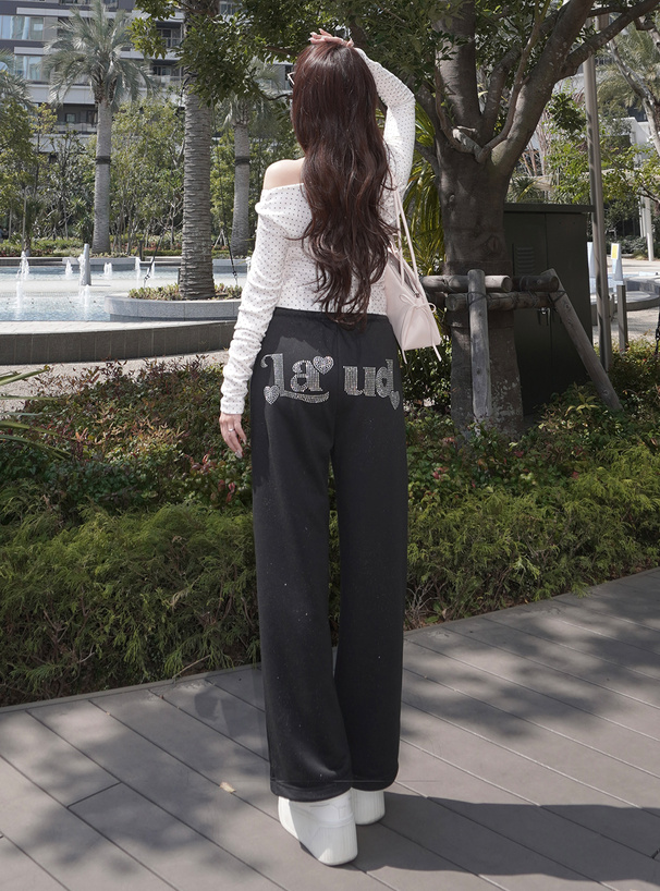 バックラインストーンロゴラメスウェットパンツ