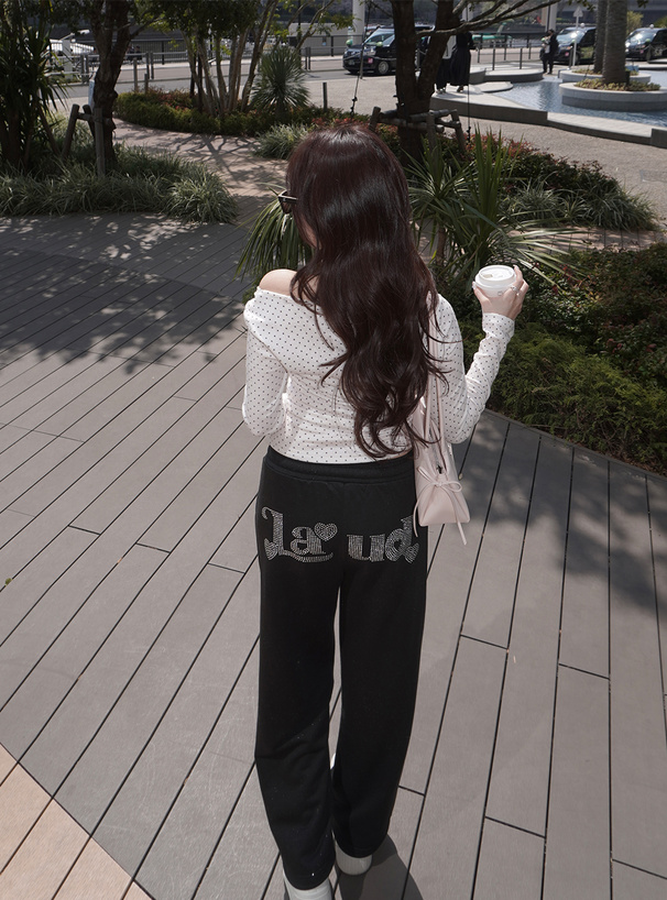 バックラインストーンロゴラメスウェットパンツ