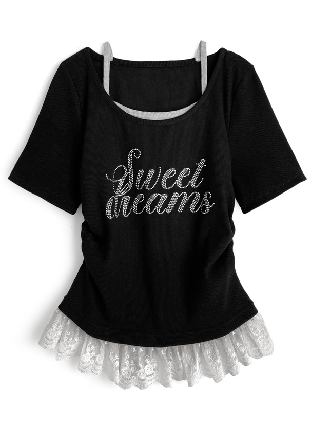 レイヤード風ラインストーンロゴレースフリルトップス