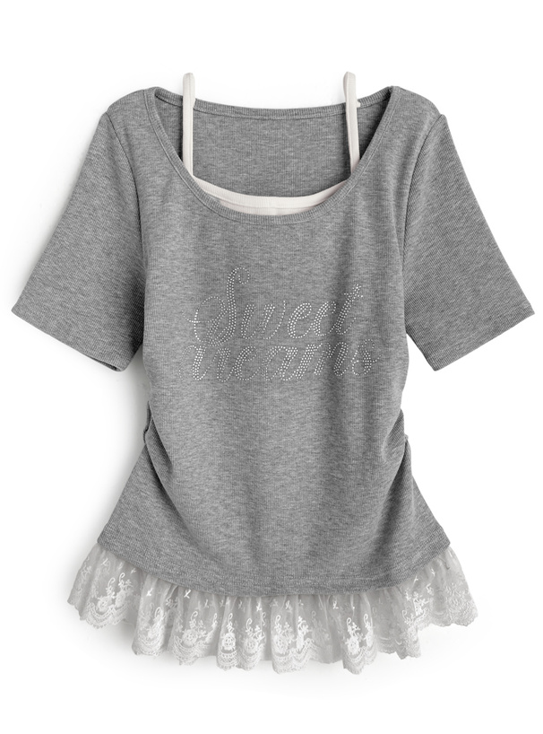 レイヤード風ラインストーンロゴレースフリルトップス