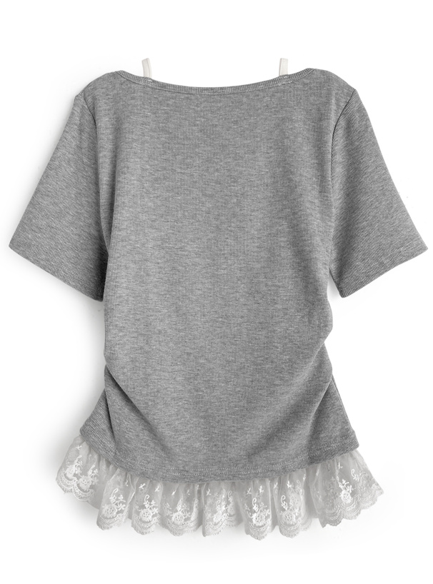 レイヤード風ラインストーンロゴレースフリルトップス