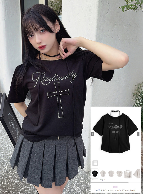 タイ付きラインストーンロゴビッグTシャツ