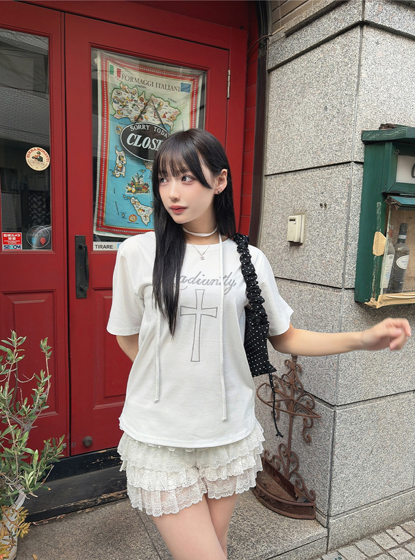 タイ付きラインストーンロゴビッグTシャツ