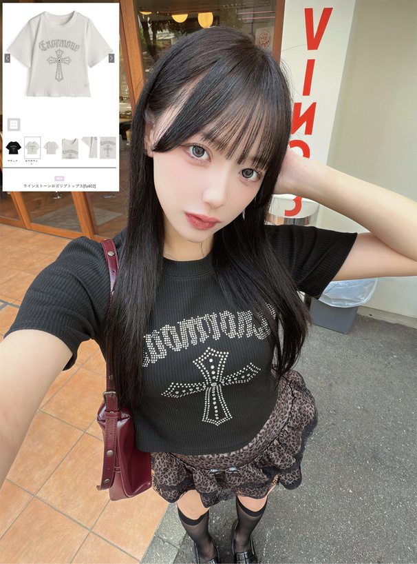 ラインストーンロゴリブトップス