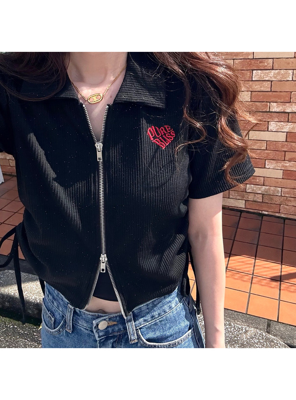 ラメロゴ刺繍ダブルジップドロストトップス