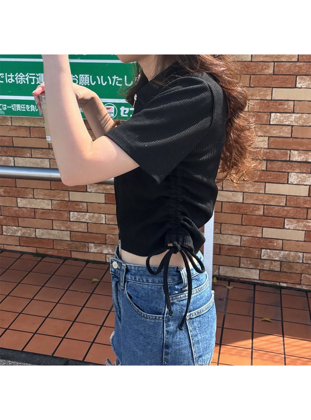 ラメロゴ刺繍ダブルジップドロストトップス