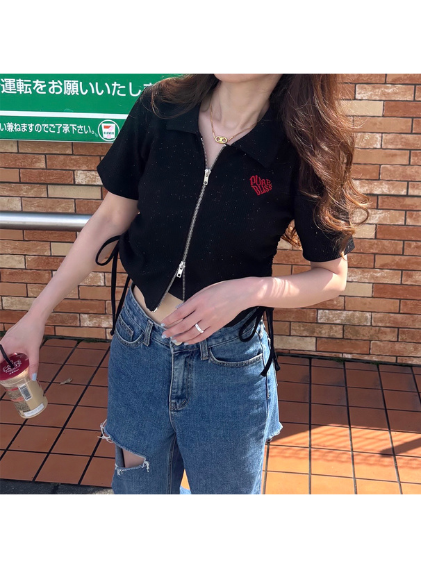 ラメロゴ刺繍ダブルジップドロストトップス[fu410] | レディース