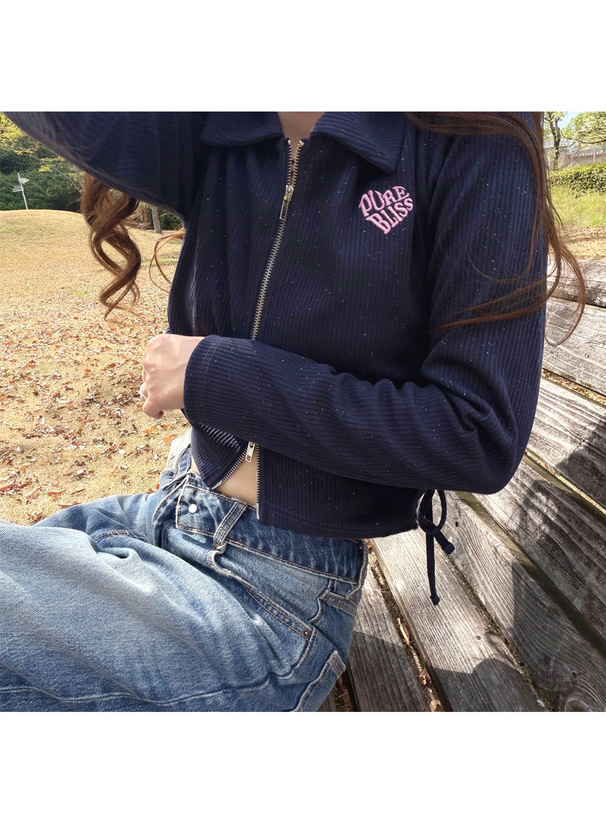 ロゴ刺繍ダブルジップドロストラメリブトップス
