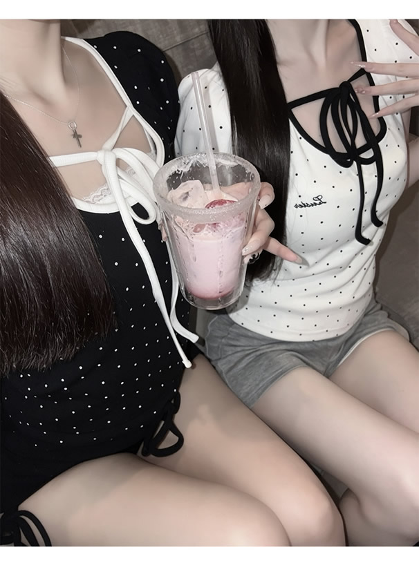 ドット柄配色パンピングリボントップス