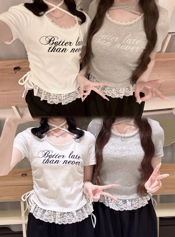 クロスネックロゴ刺繍ドロストレースドッキングトップス