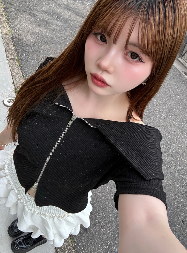 ビッグカラーホルターネックダブルジップラメリブトップス