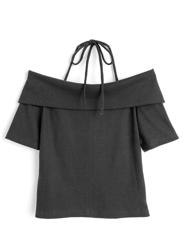 ビッグカラーホルターネックダブルジップラメリブトップス