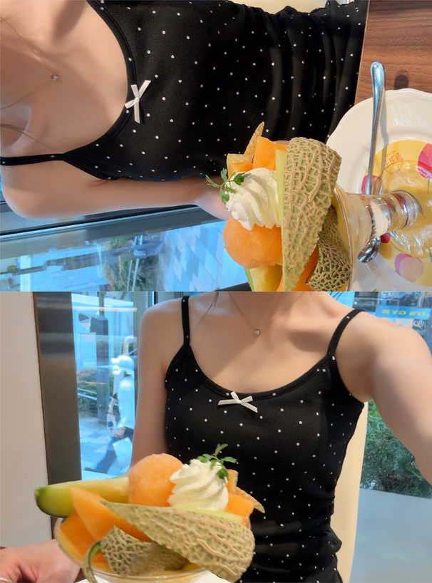カップ付きドット柄リブキャミソールワンピース