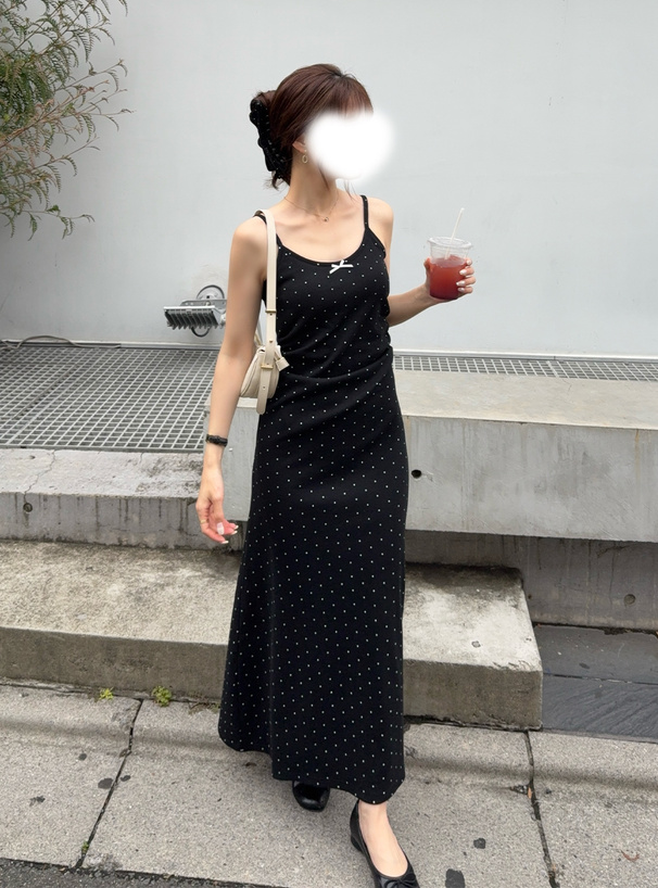 カップ付きドット柄リブキャミソールワンピース