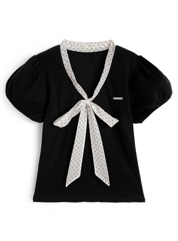 ドット柄シアーボウタイリブトップス