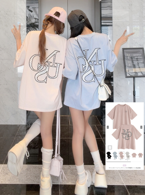 ラインストーンバックドットロゴ刺繍Tシャツ