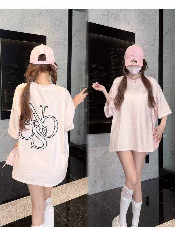 ラインストーンバックドットロゴ刺繍Tシャツ